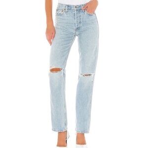 LEVI’S LIGHT WASH STRAIGHT TAPERED LEG JEANS WITH KNEE RIPS SIZE 26
Light Blue